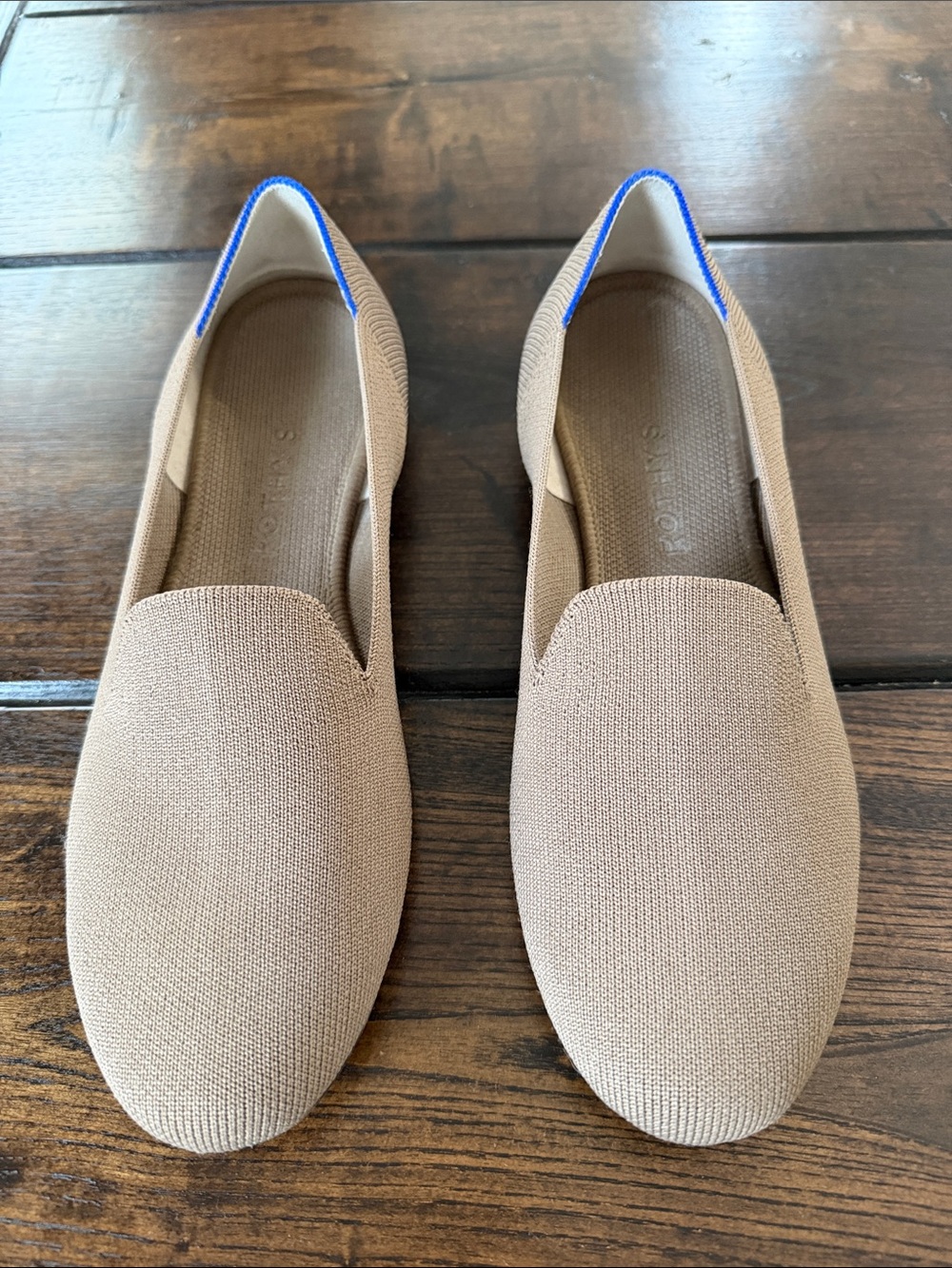 Rothy's Knit Slip-On Loafers in Tan with Blue Trim